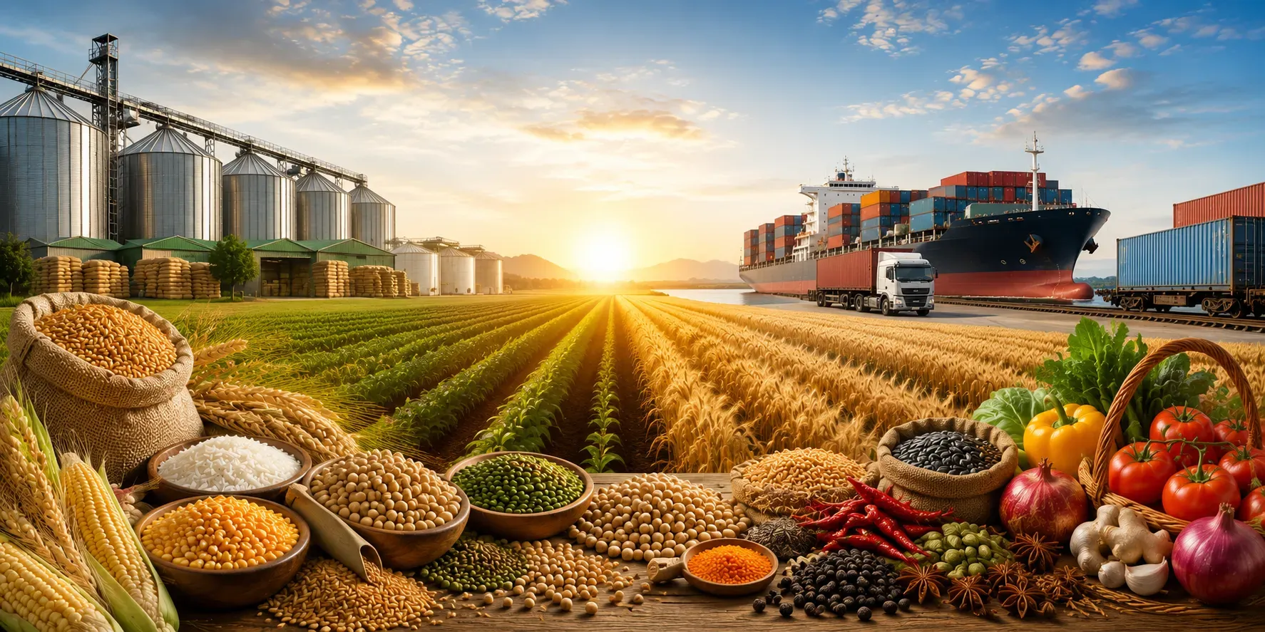 Farmland with a supply chain and logistics route overlay